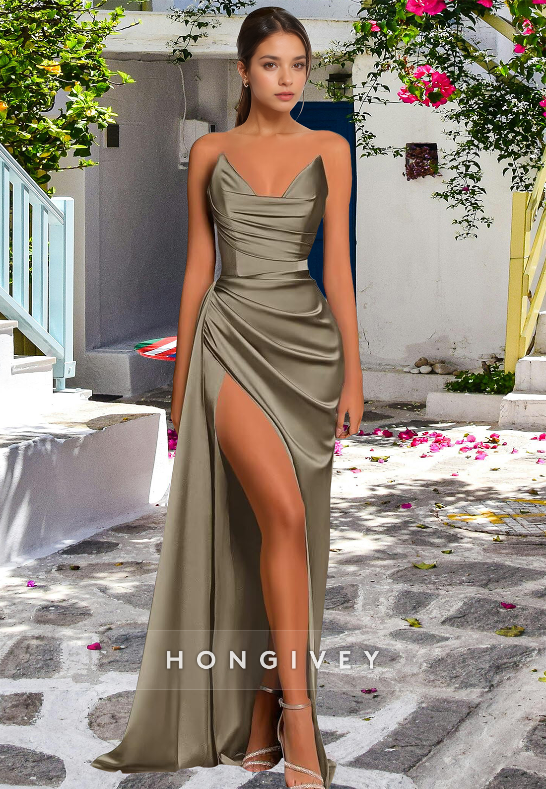 L0974 - Simple Couture Strapless Draped With Train and High Slit Evening Party Prom Formal Dress