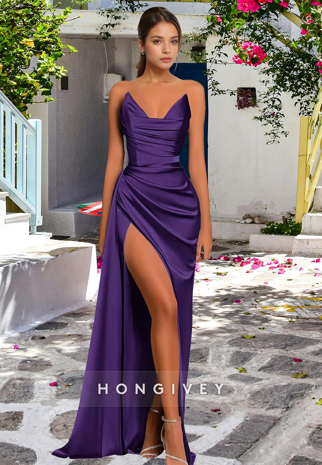 L0974 - Simple Couture Strapless Draped With Train and High Slit Evening Party Prom Formal Dress