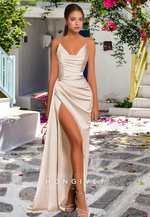 L0974 - Simple Couture Strapless Draped With Train and High Slit Evening Party Prom Formal Dress