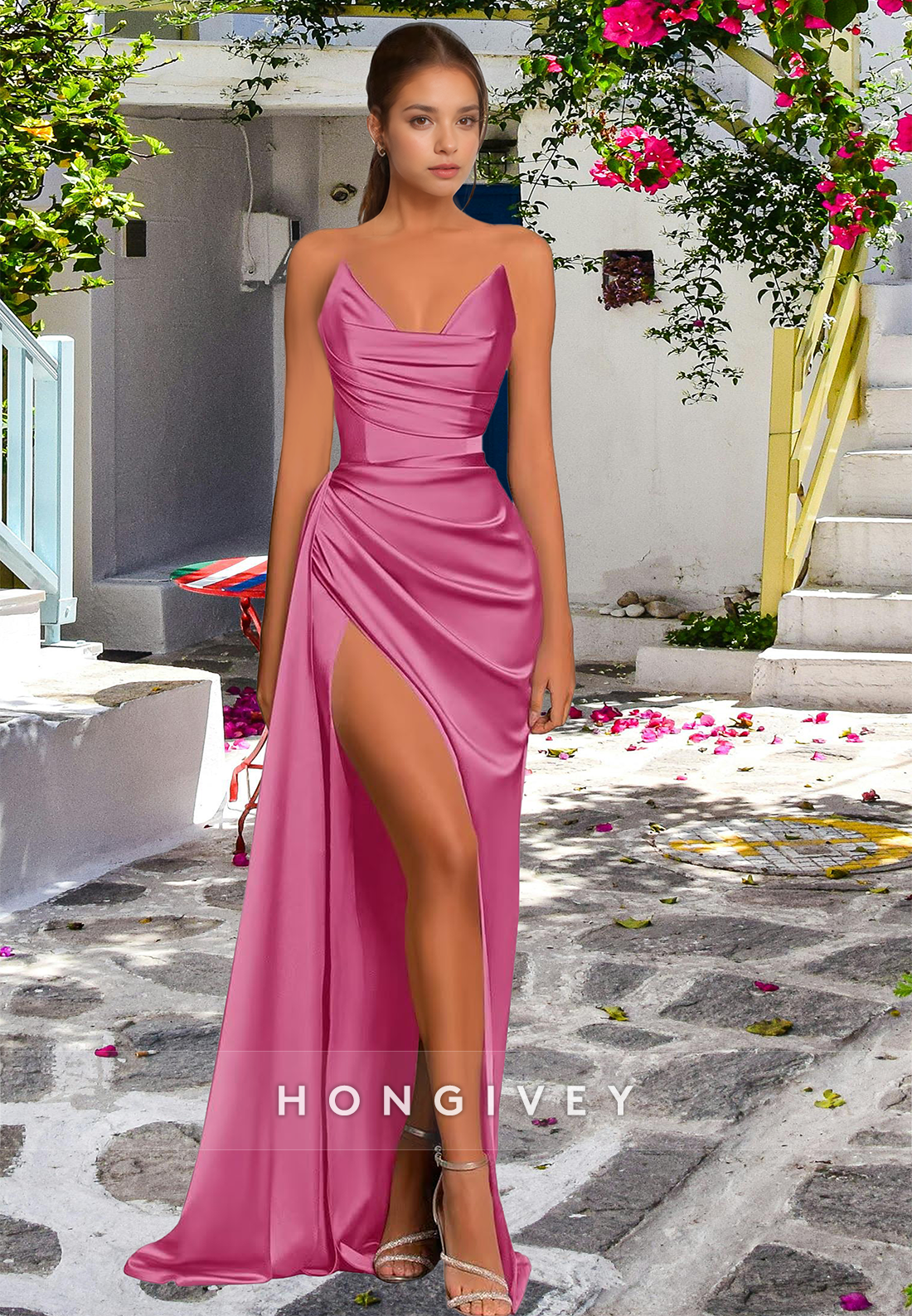 HONGIVEY V-Neck Strapless Ruched Evening Dress Classic Simple Formal Party Gown