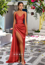 L0974 - Simple Couture Strapless Draped With Train and High Slit Evening Party Prom Formal Dress