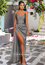 L0974 - Simple Couture Strapless Draped With Train and High Slit Evening Party Prom Formal Dress