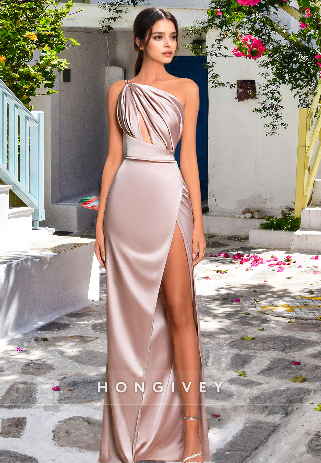 HONGIVEY Ruched Asymmetrical Strapless Empire Waist with Side Slit Evening Dress Formal Party