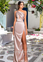 HONGIVEY Ruched Asymmetrical Strapless Empire Waist with Side Slit Evening Dress Formal Party