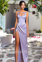 HONGIVEY Straps Side Slit Sheath Satin Evening Dress Lilac Floor-Length Formal Party Gown