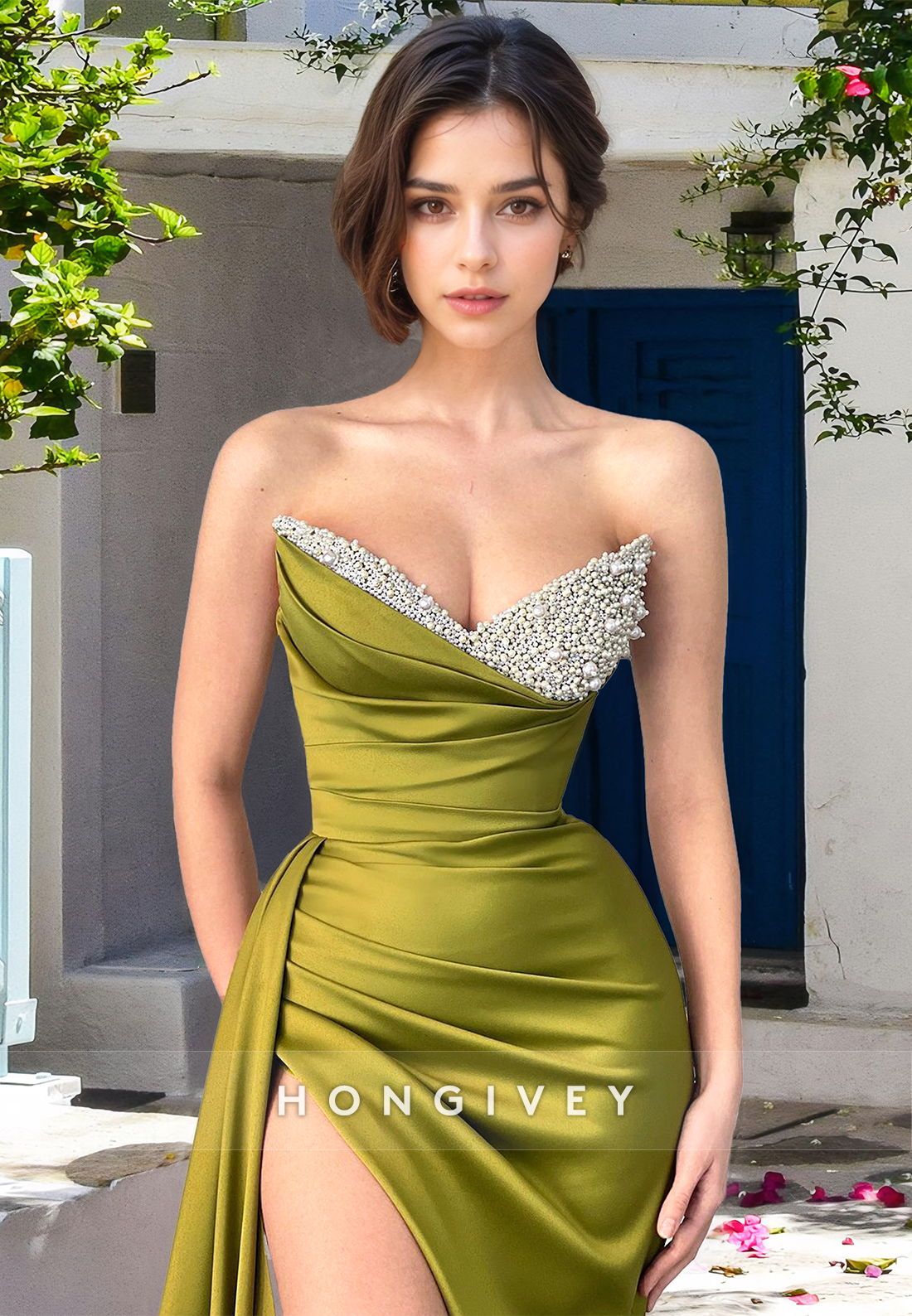 HONGIVEY Olive Strapless Sweetheart Sheath Evening Dress Formal Party Gown Women