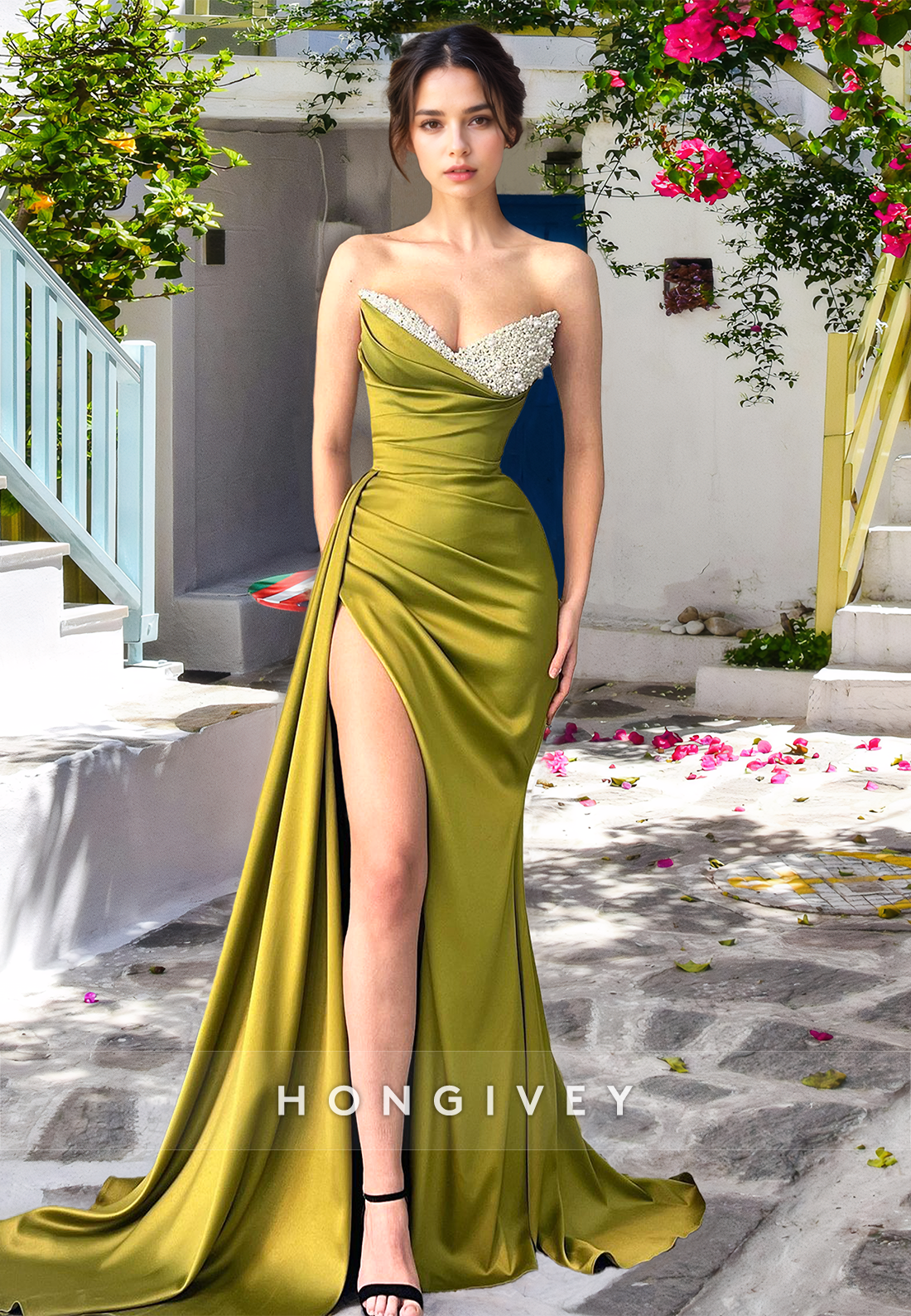 HONGIVEY Olive Strapless Sweetheart Sheath Evening Dress Formal Party Gown Women