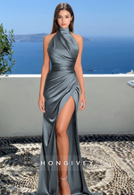 HONGIVEY High Neck Fitted Side Slit Evening Dress Elegant Classic Ruched Formal Party Gown