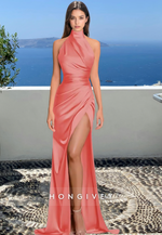 HONGIVEY High Neck Fitted Side Slit Evening Dress Elegant Classic Ruched Formal Party Gown