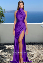 HONGIVEY High Neck Fitted Side Slit Evening Dress Elegant Classic Ruched Formal Party Gown