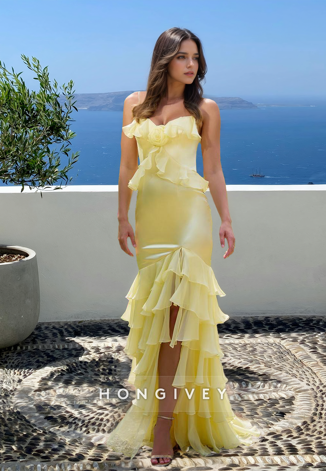 HONGIVEY Yellow Tiered Floral Off-Shoulder Mermaid Evening Dress Party Gown