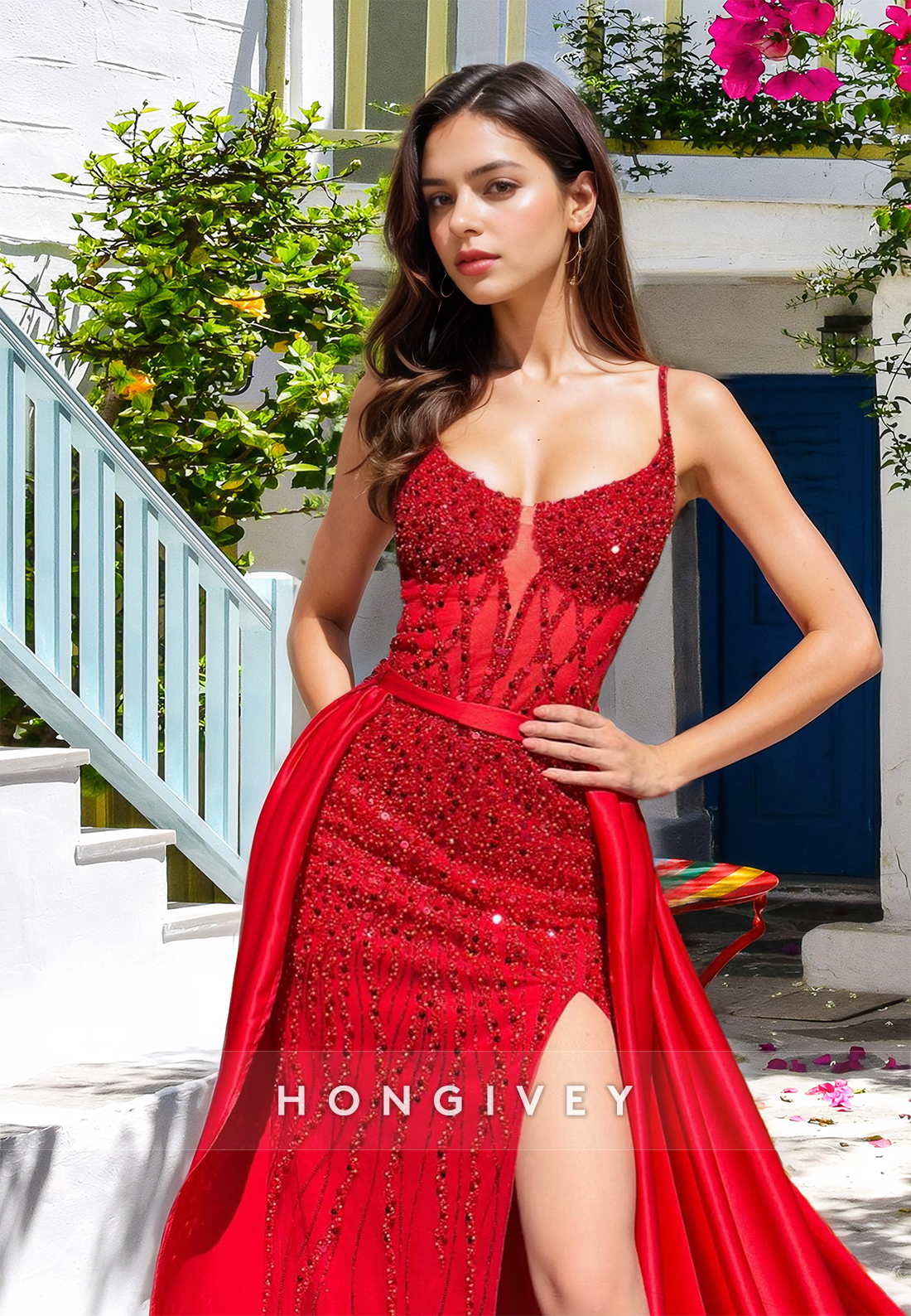 HONGIVEY Sexy Red Beaded Straps Side Slit Evening Dress with Train Formal Party Gown