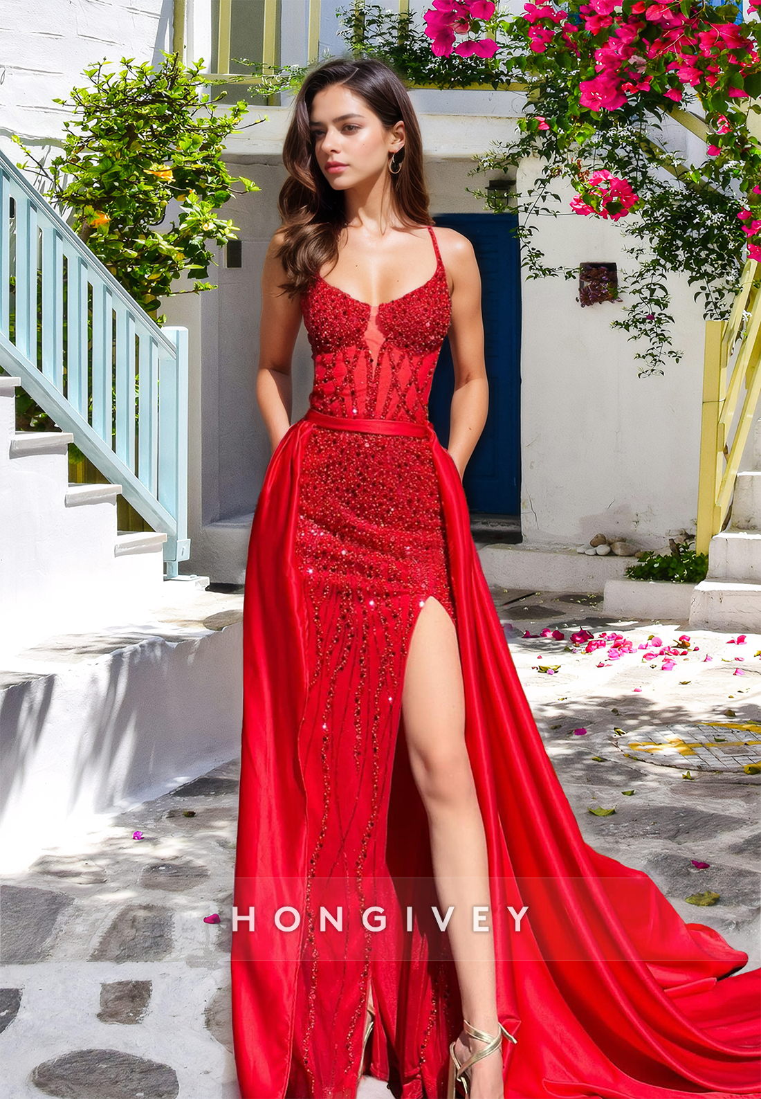 HONGIVEY Sexy Red Beaded Straps Side Slit Evening Dress with Train Formal Party Gown