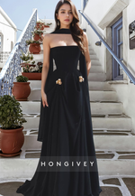 Strapless Black with cape A-Line Evening Dress Elengant Formal Party Gown HONGIVEY