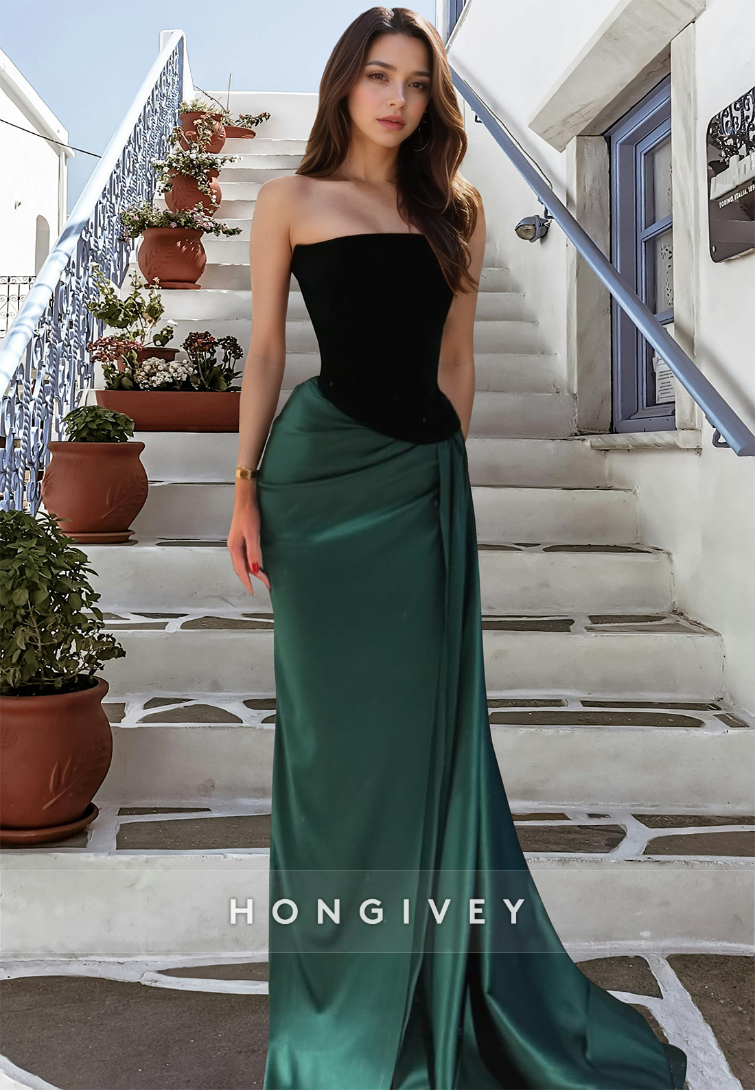 HONGIVEY Velvet Dark Green Strapless Ruched Trumpet Evening Dress Formal Party Gown