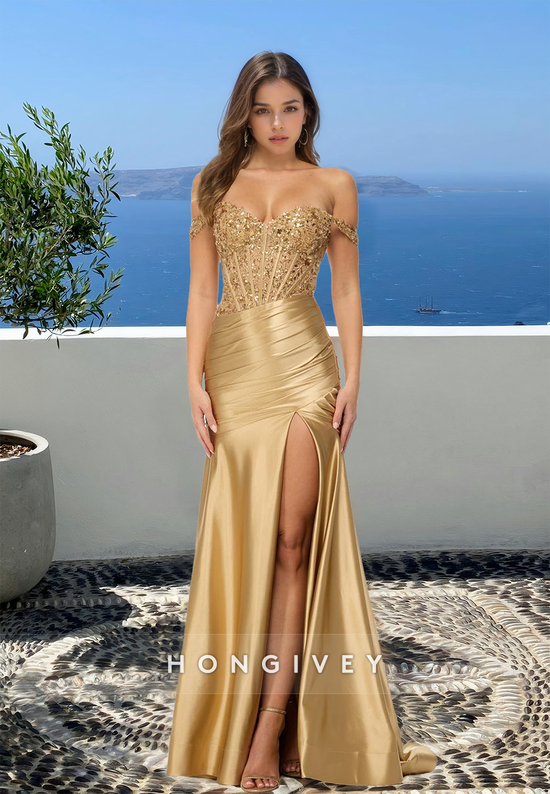 HONGIVEY Gold Sequined Off-Shoulder Side Slit Trumpet Evening Dress Formal Party Gown