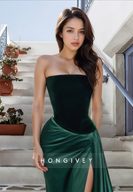 HONGIVEY Velvet Dark Green Strapless Ruched Trumpet Evening Dress Formal Party Gown