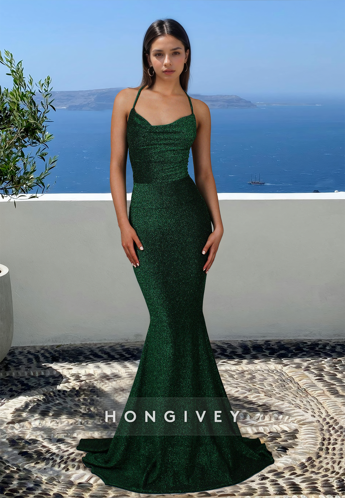 HONGIVEY Sexy Fitted Open Back Straps Mermaid Evening Dress Formal Party Gown