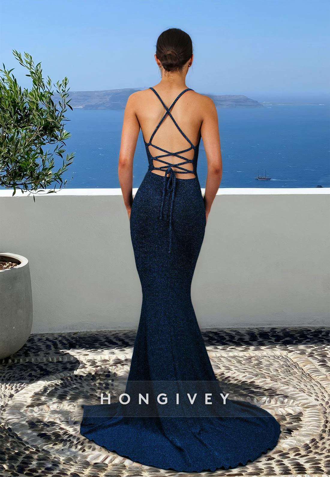 HONGIVEY Sexy Fitted Open Back Straps Mermaid Evening Dress Formal Party Gown