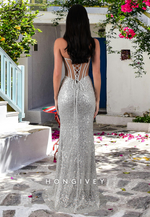 Sexy Glitter Silver Sequined Strapless Sweetheart Side Slit Evening Dress Party Gown