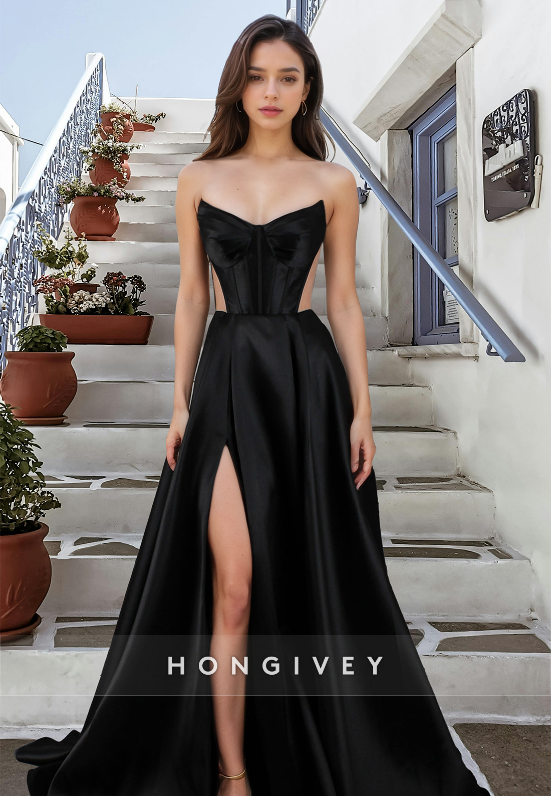 Sexy Strapless A-Line Satin with Side Slit Evening Dress Prom Gown 2025