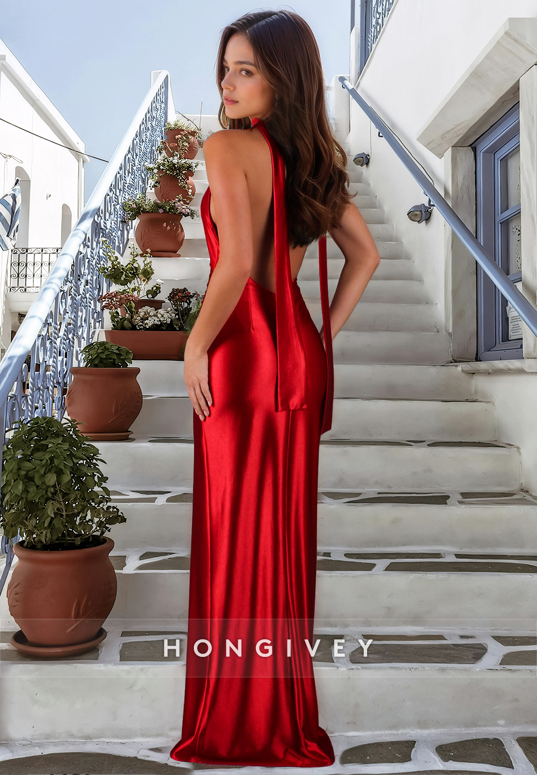 Sexy Fitted Backless Halter with Side Slit Satin Formal Evening Dress