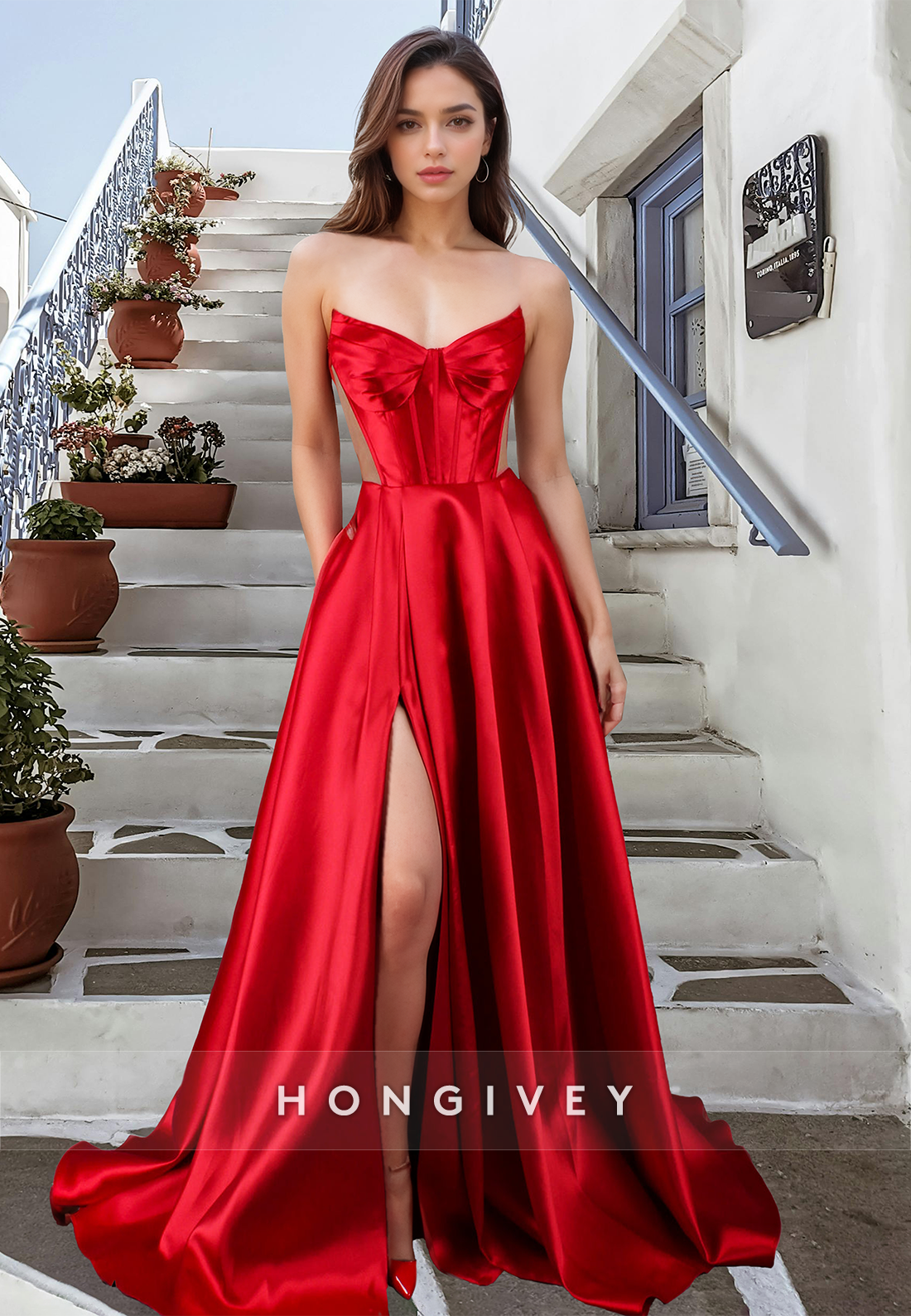 Sexy Strapless A-Line Satin with Side Slit Evening Dress Prom Gown 2025