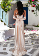 Sexy Off-Shoulder Sheath Ruched with Side Slit Satin Formal Evening Dress