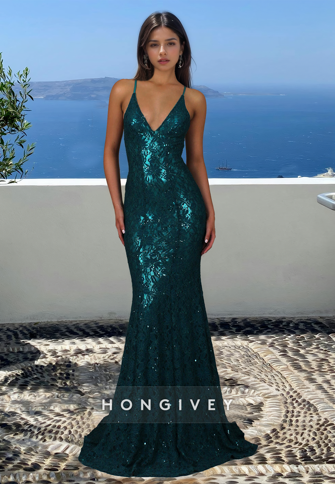 Glitter V-Neck Open Back Straps Mermaid Formal Evening Dress 2025 New HONGIVEY