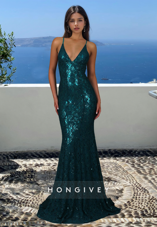 Glitter V-Neck Open Back Straps Mermaid Formal Evening Dress 2025 New HONGIVEY