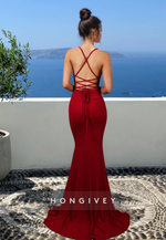 HONGIVEY Sexy Fitted Open Back Straps Mermaid Evening Dress Formal Party Gown