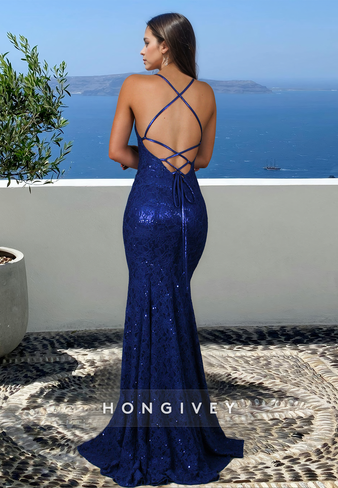 Glitter V-Neck Open Back Straps Mermaid Formal Evening Dress 2025 New HONGIVEY