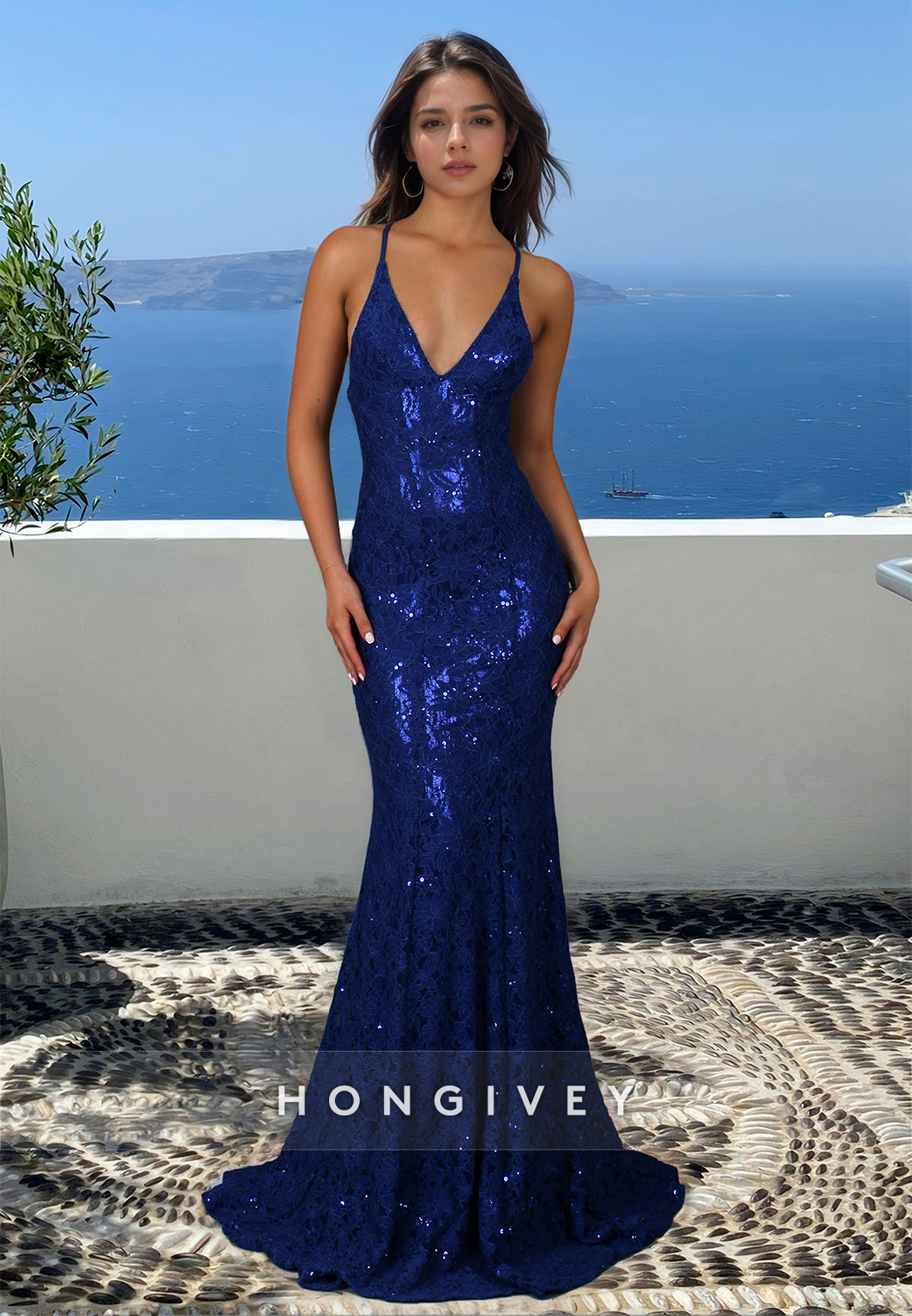 Glitter V-Neck Open Back Straps Mermaid Formal Evening Dress 2025 New HONGIVEY