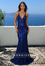 Glitter V-Neck Open Back Straps Mermaid Formal Evening Dress 2025 New HONGIVEY