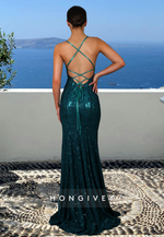 Glitter V-Neck Open Back Straps Mermaid Formal Evening Dress 2025 New HONGIVEY