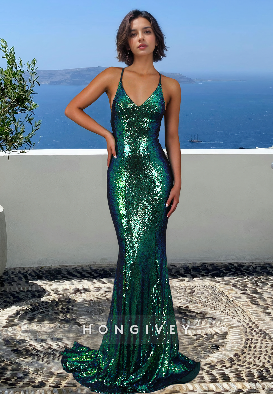 Glitter Sexy Straps Open Back Mermaid Evening Dress Classic Formal Wear