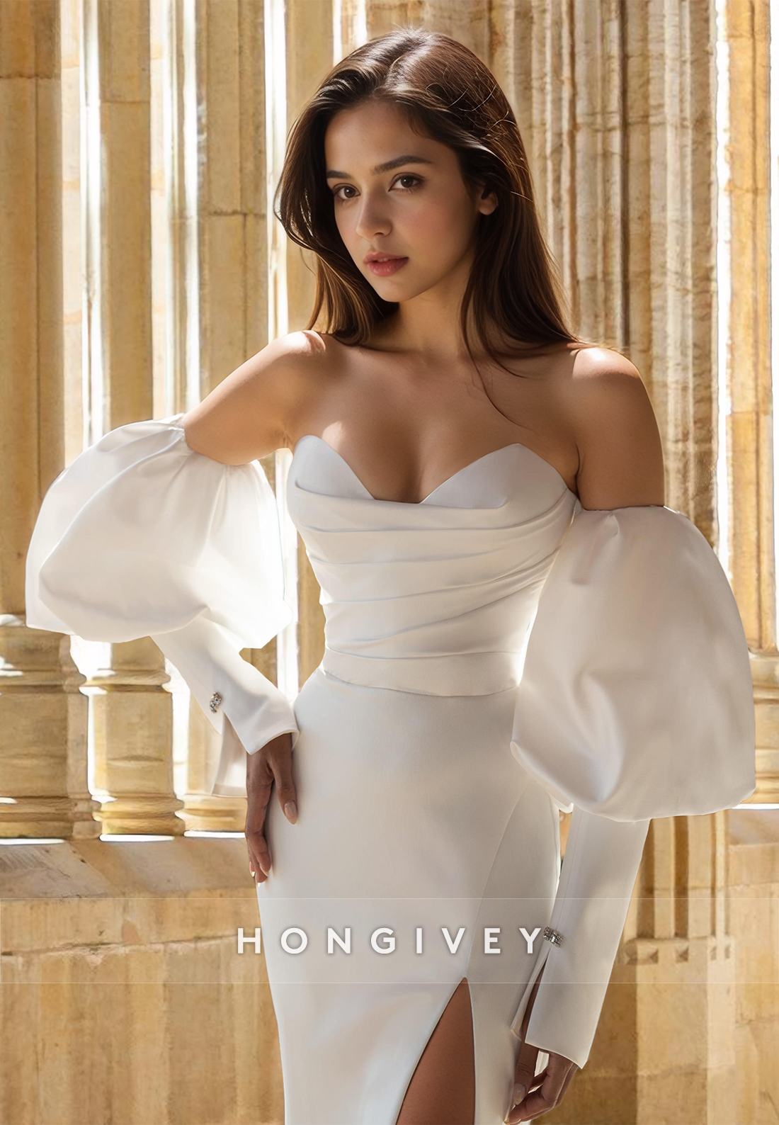 Chic Strapless with Side Slit Long Sleeves Satin Wedding Dress Bride Gown HONGIVEY