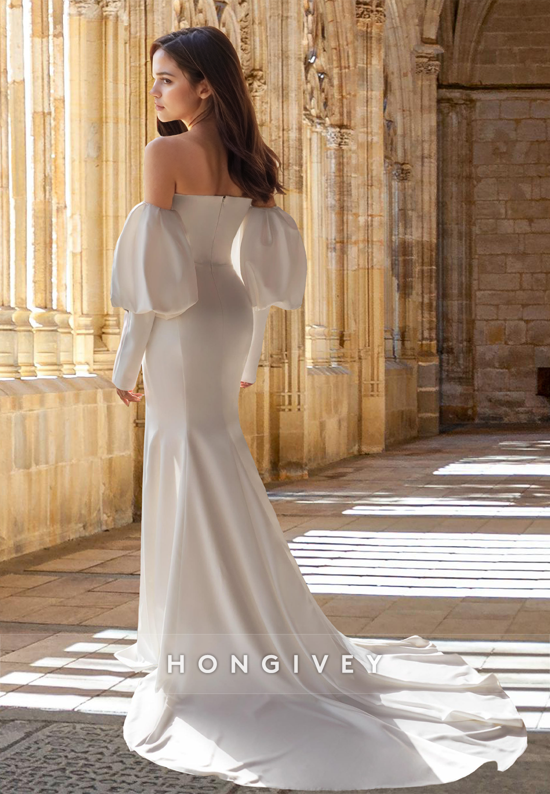 Chic Strapless with Side Slit Long Sleeves Satin Wedding Dress Bride Gown HONGIVEY