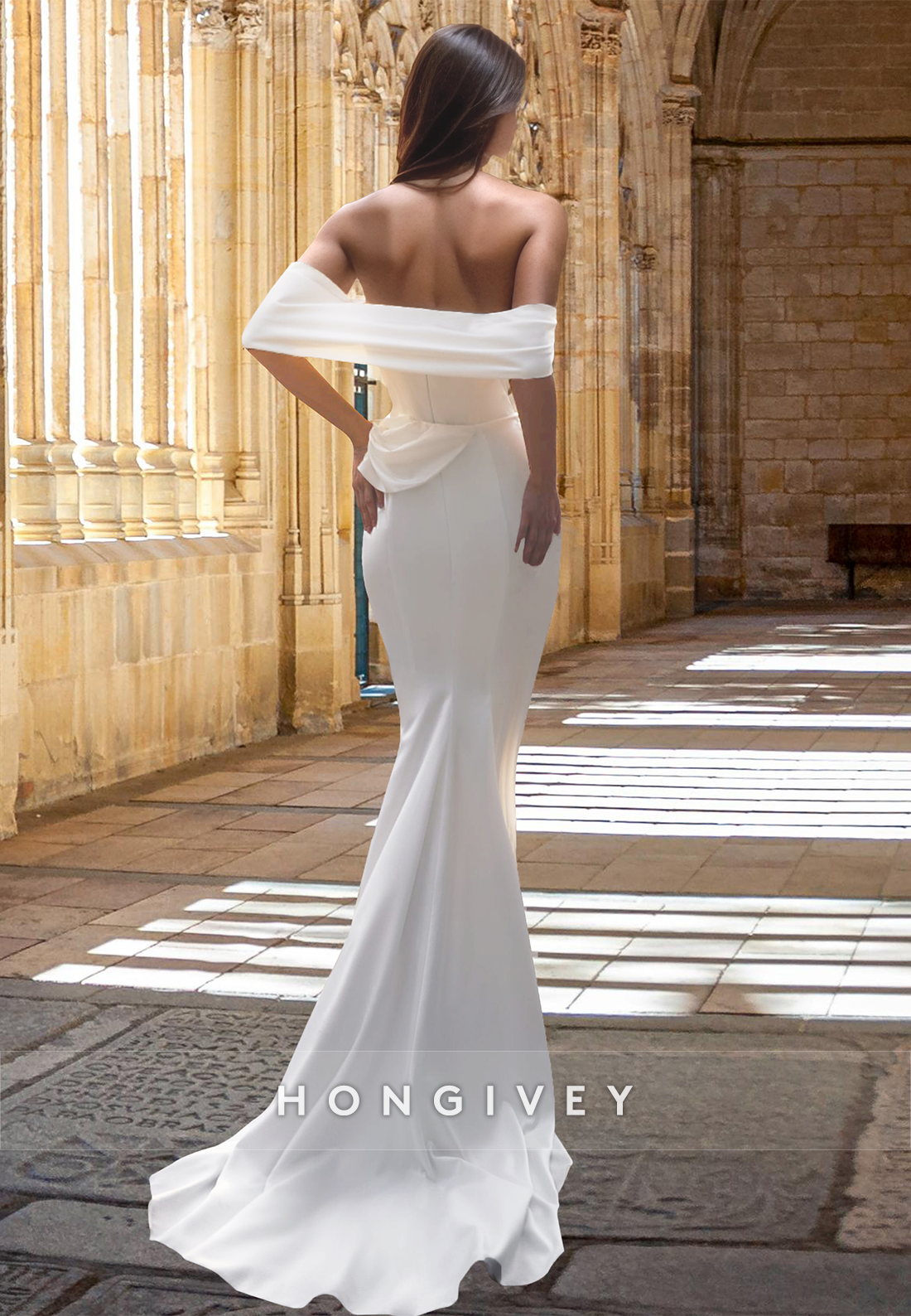 Sexy Satin Mermaid Fitted with Side Slit Off-Shoulder Wedding Dress Bride Gown HONGIVEY