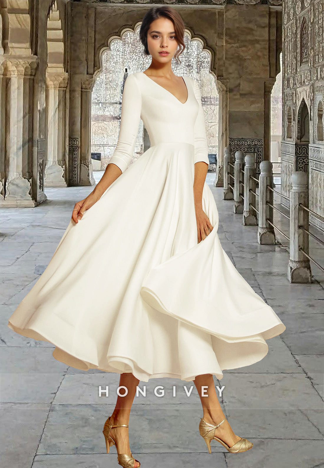 Chic Satin V-Neck Half Sleeves A-Line Wedding Dress Midi Dresses