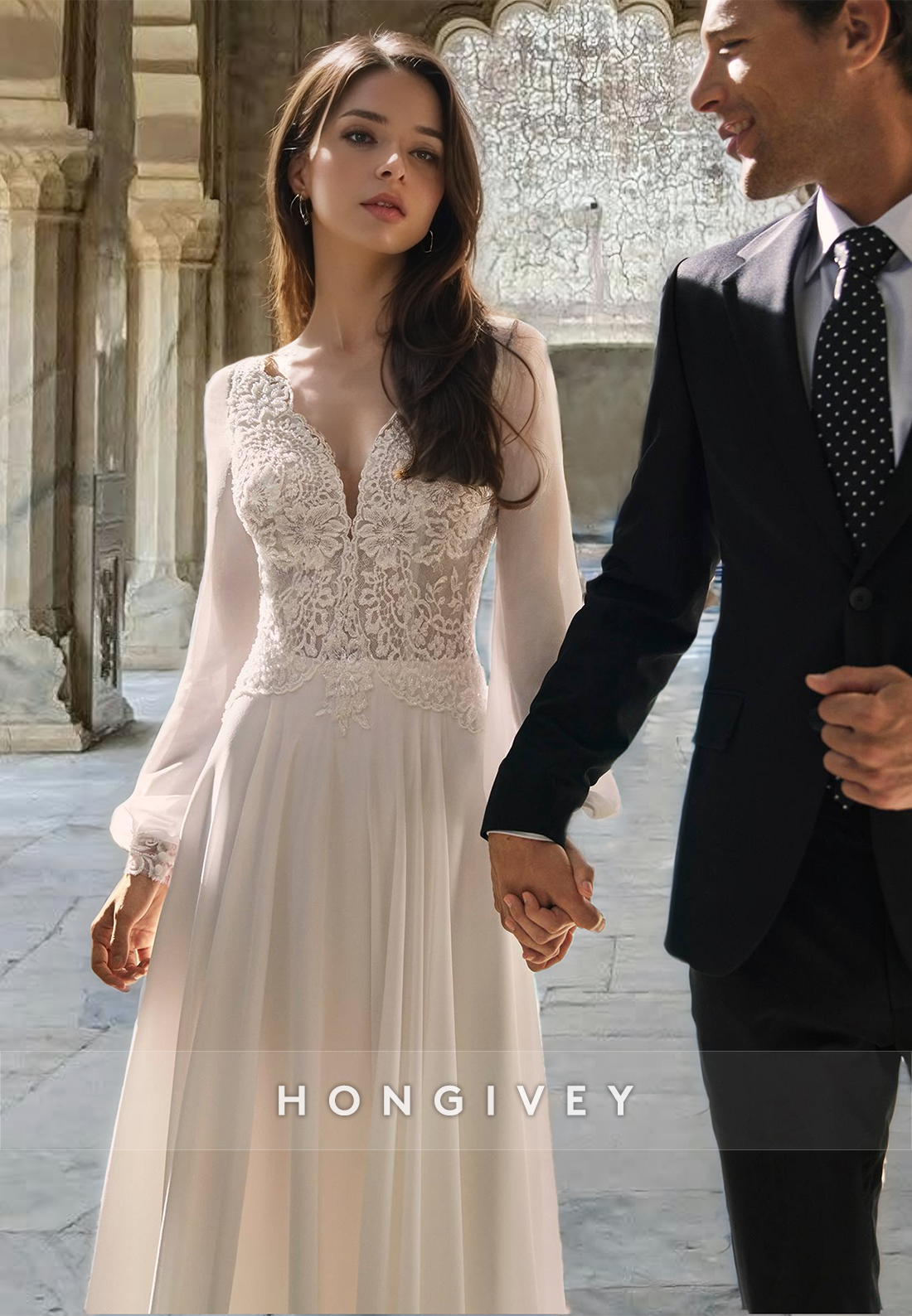 Sexy Lace Applique A-Line Long Sleeves Tulle Wedding Dress Bride Gown HONGIVEY