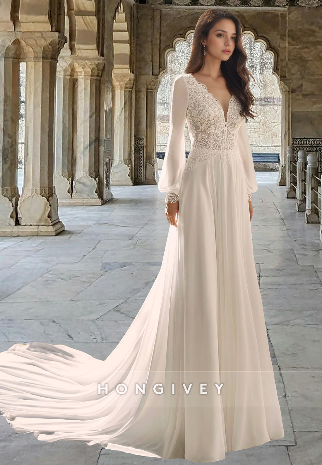 Sexy Lace Applique A-Line Long Sleeves Tulle Wedding Dress Bride Gown HONGIVEY