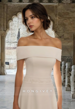 Chic Off-Shoulder A-Line Satin with Train Beach Wedding Dress HONGIVEY