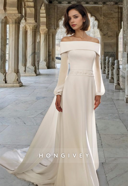 Chic Off-Shoulder A-Line Satin with Train Beach Wedding Dress HONGIVEY