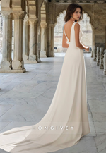 Sexy Open Back V-Neck with Slit Sleeveless Satin Wedding Dress Bride Gown HONGIVEY