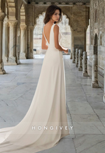 Simple V-Neck Front Slit Floor-Length A-Line with Train Bridal Wedding Dress