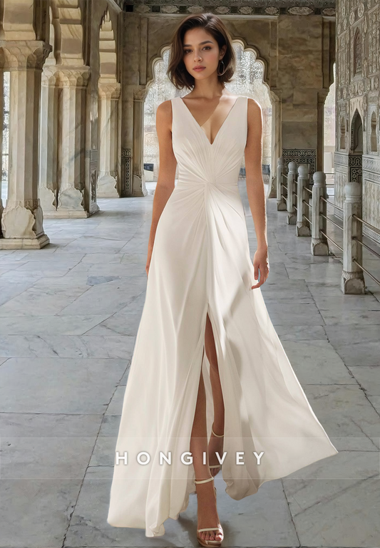 Sexy Open Back V-Neck with Slit Sleeveless Satin Wedding Dress Bride Gown HONGIVEY