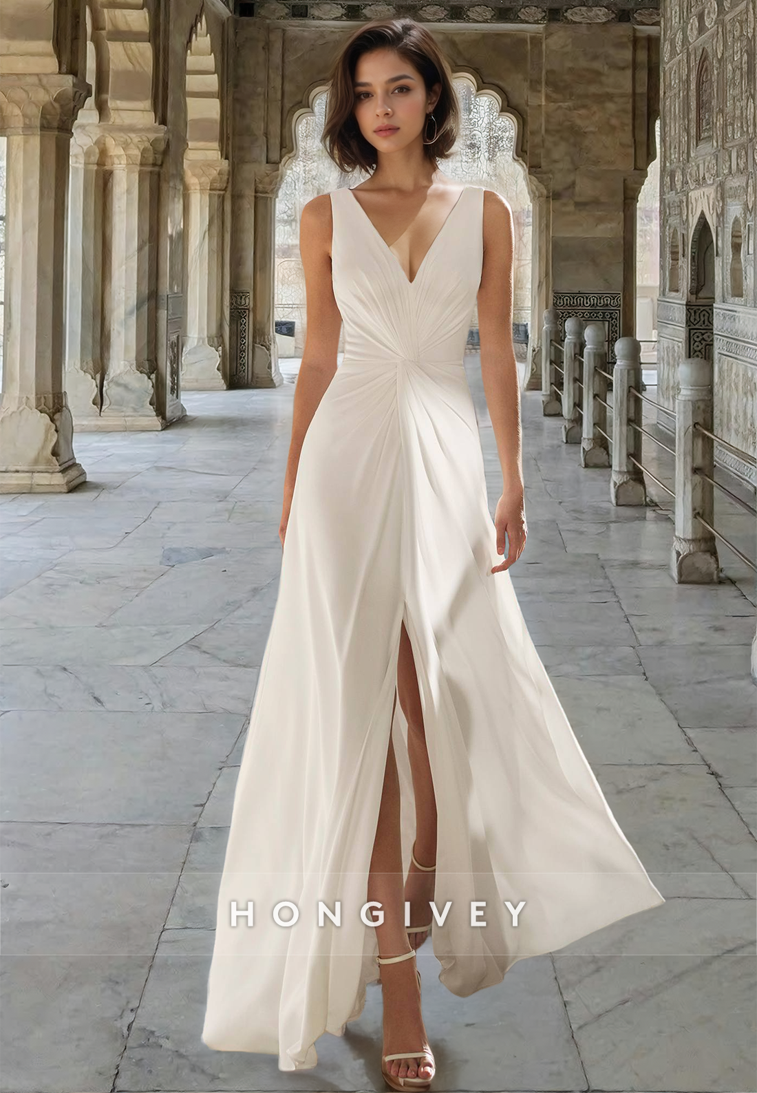 Simple V-Neck Front Slit Floor-Length A-Line with Train Bridal Wedding Dress