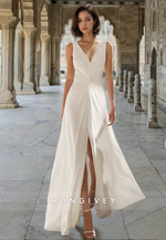 Simple V-Neck Front Slit Floor-Length A-Line with Train Bridal Wedding Dress