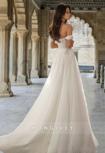 Elegant Applique Sweetheart Tulle A-Line Off-Shoulder with Train Wedding Dress